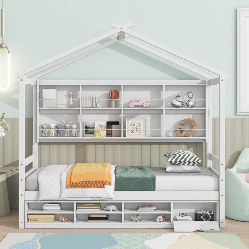 Cozy Twin House Bed with Roof & Storage
