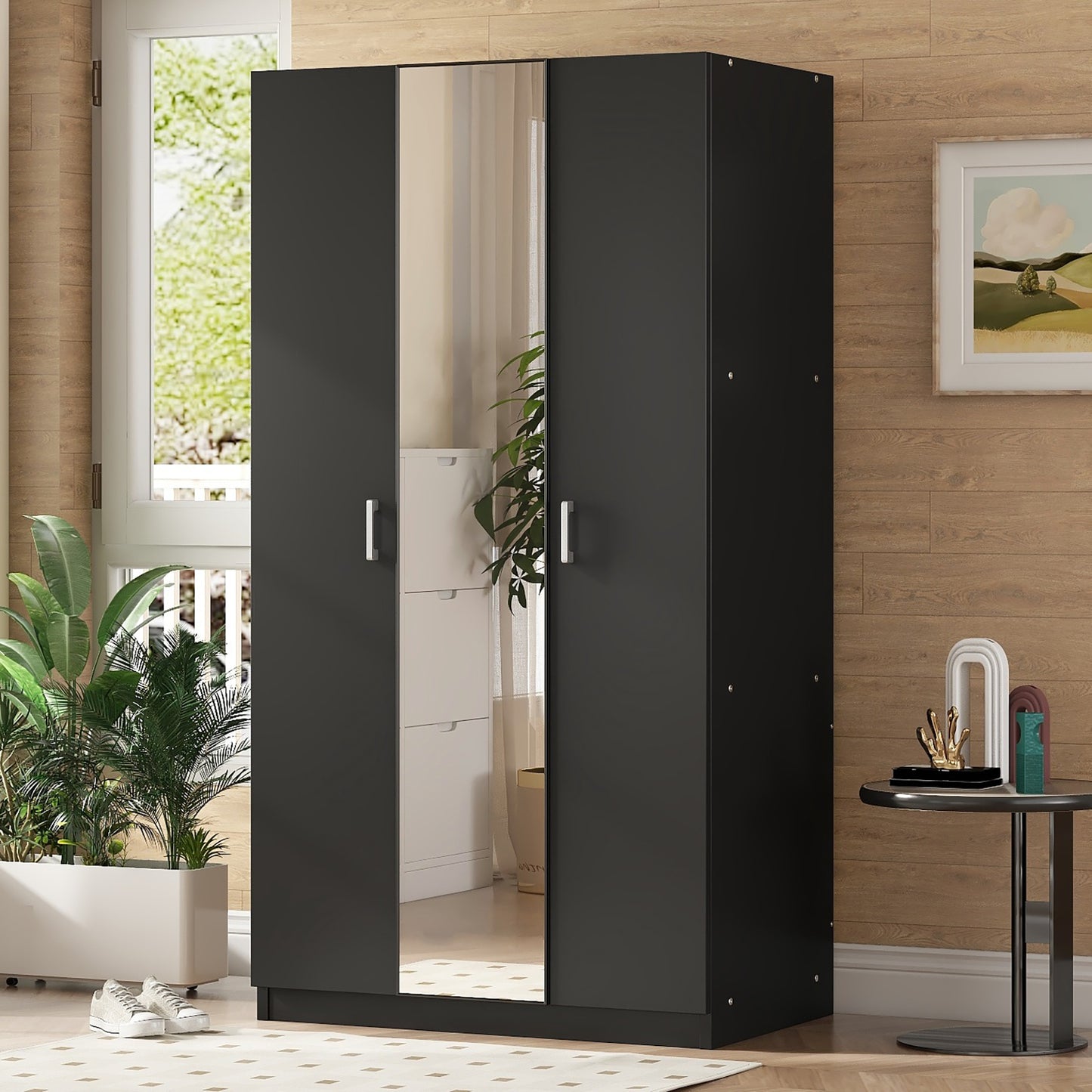 Chic Black Wardrobe with Mirror and Shelves