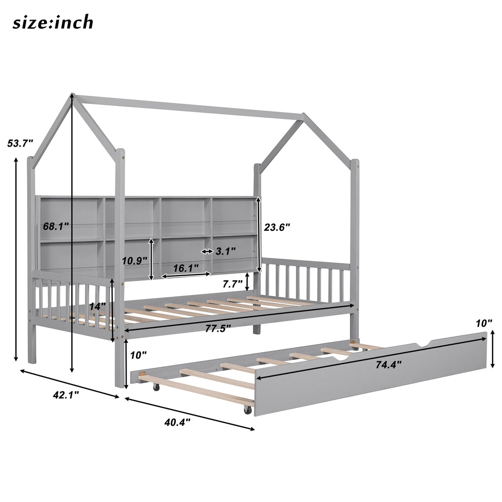 Cozy Gray House Bed with Trundle for Kids