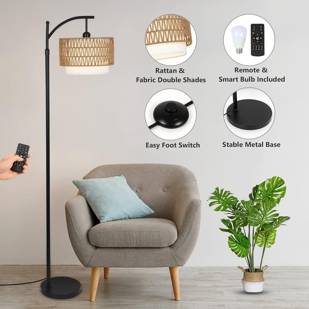 Cozy Arc Floor Lamp with Remote Control and Dimmable Rattan Shades