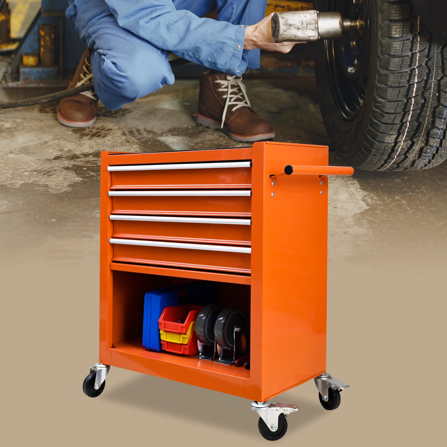 Rolling Orange Tool Cart with 4 Drawers