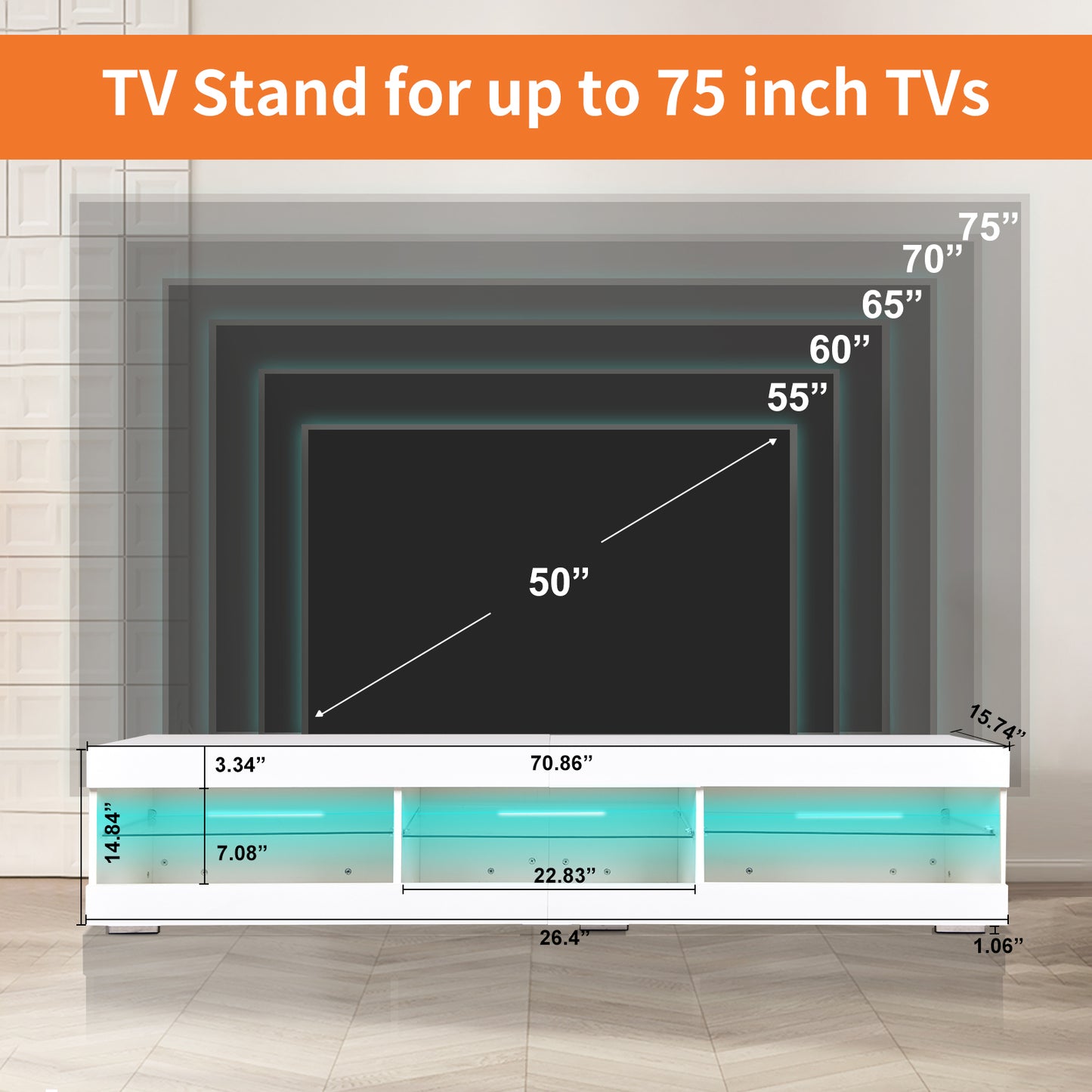 Sleek LED TV Stand with Glass Shelves and Storage