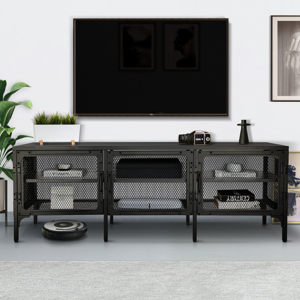 Sleek Metal TV Stand with Stylish Mesh Doors and Ample Storage