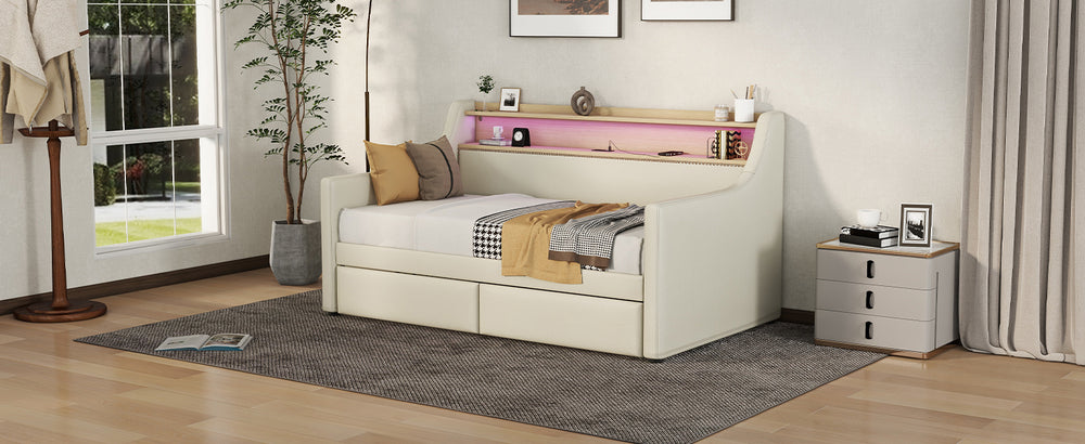 Cozy Beige Daybed with Storage & LED Lights