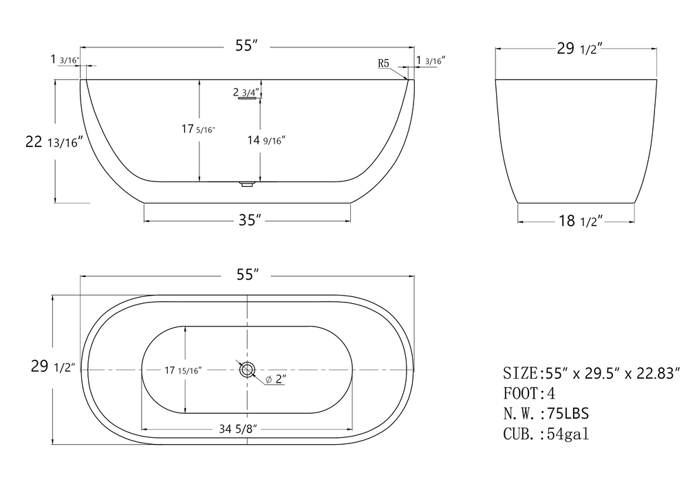 Elegant Oval Soaking Tub – Freestanding Comfort with Chrome Drain