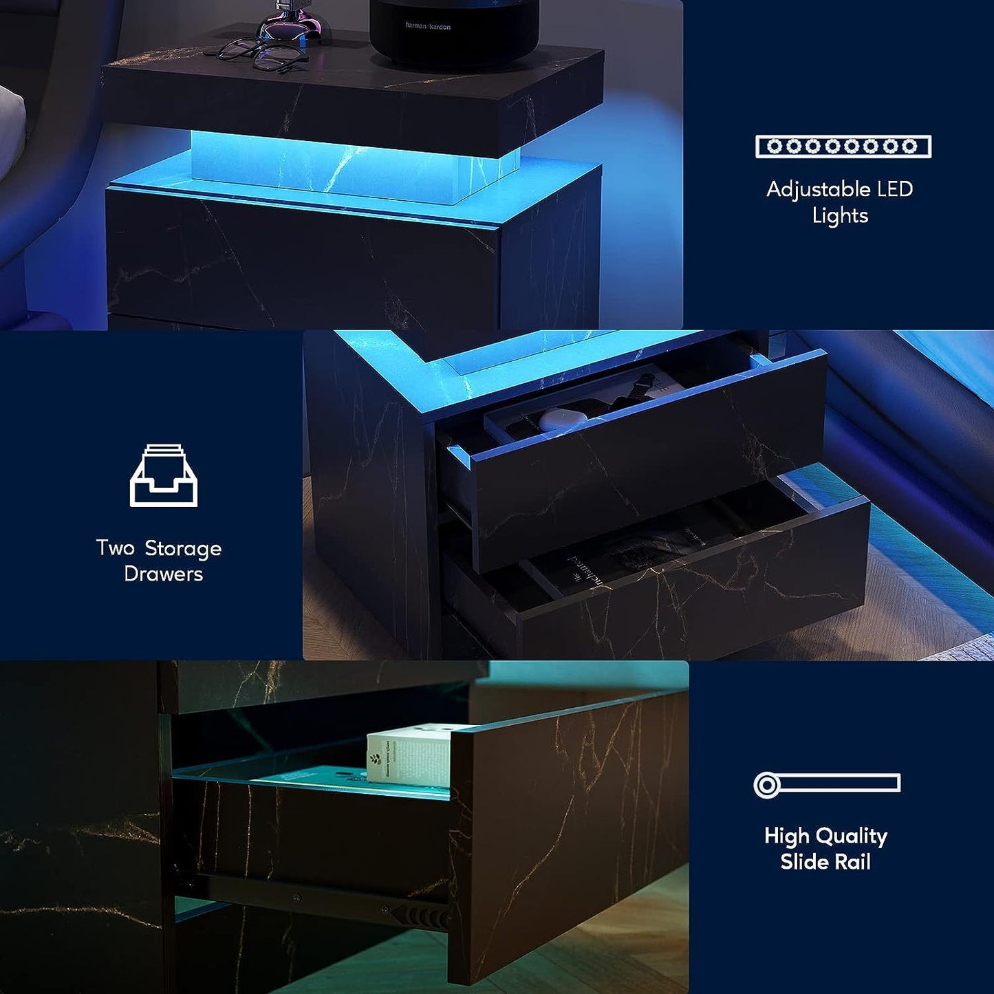 Chic LED Nightstand with Drawers