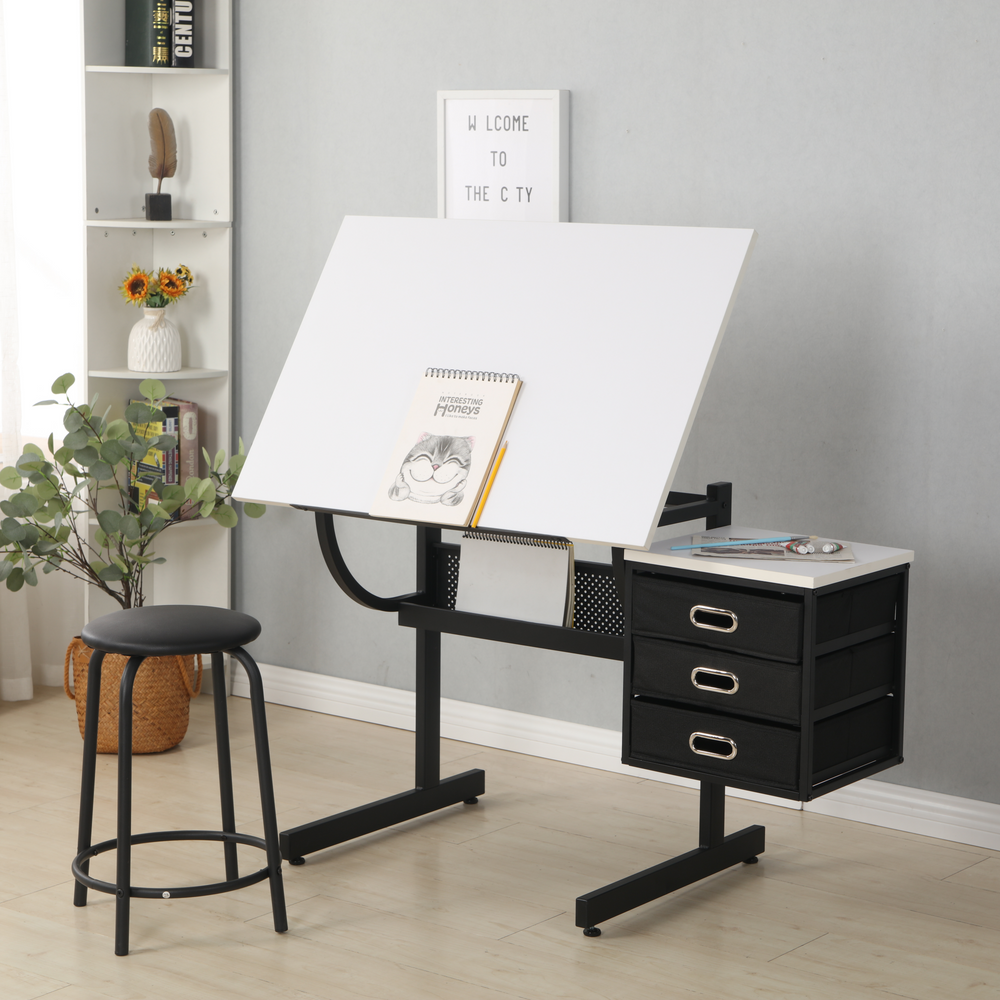 Stylish Adjustable Drafting Table Set with Stool & Storage