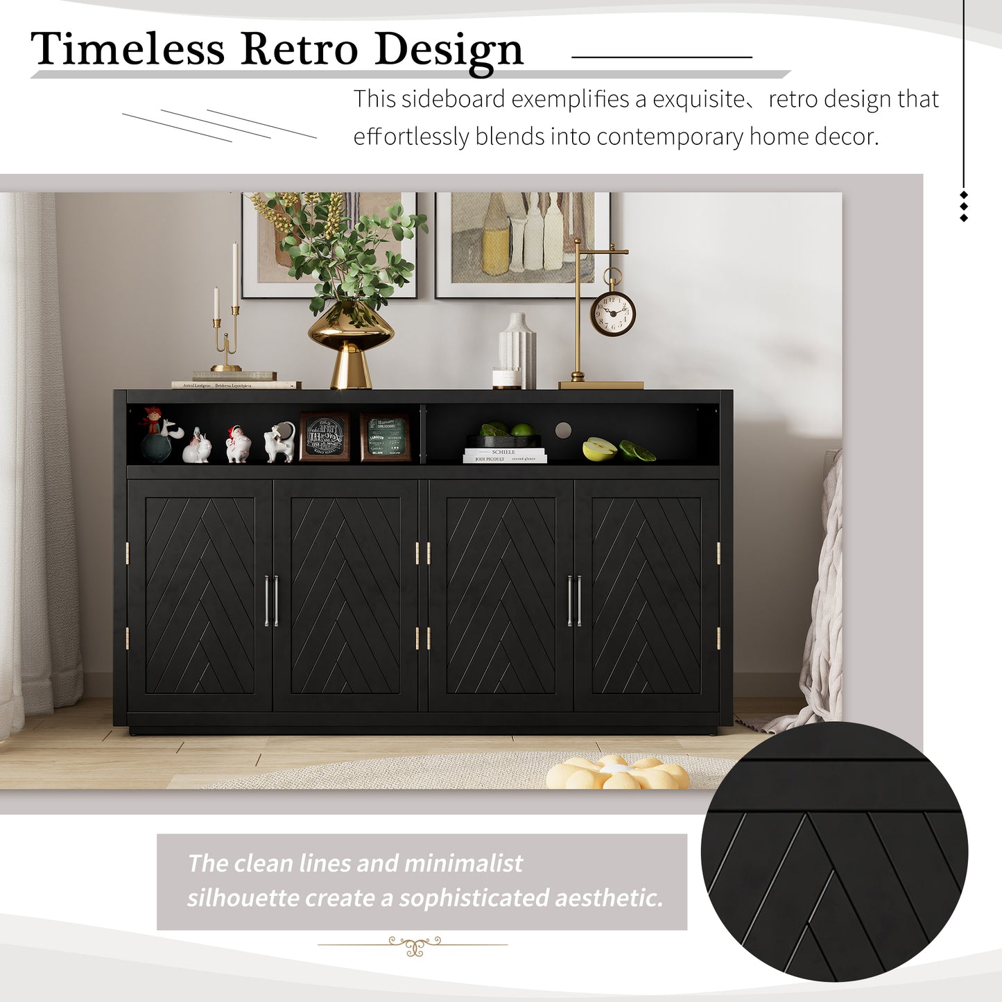 Stylish Black Classic Sideboard with Adjustable Shelves