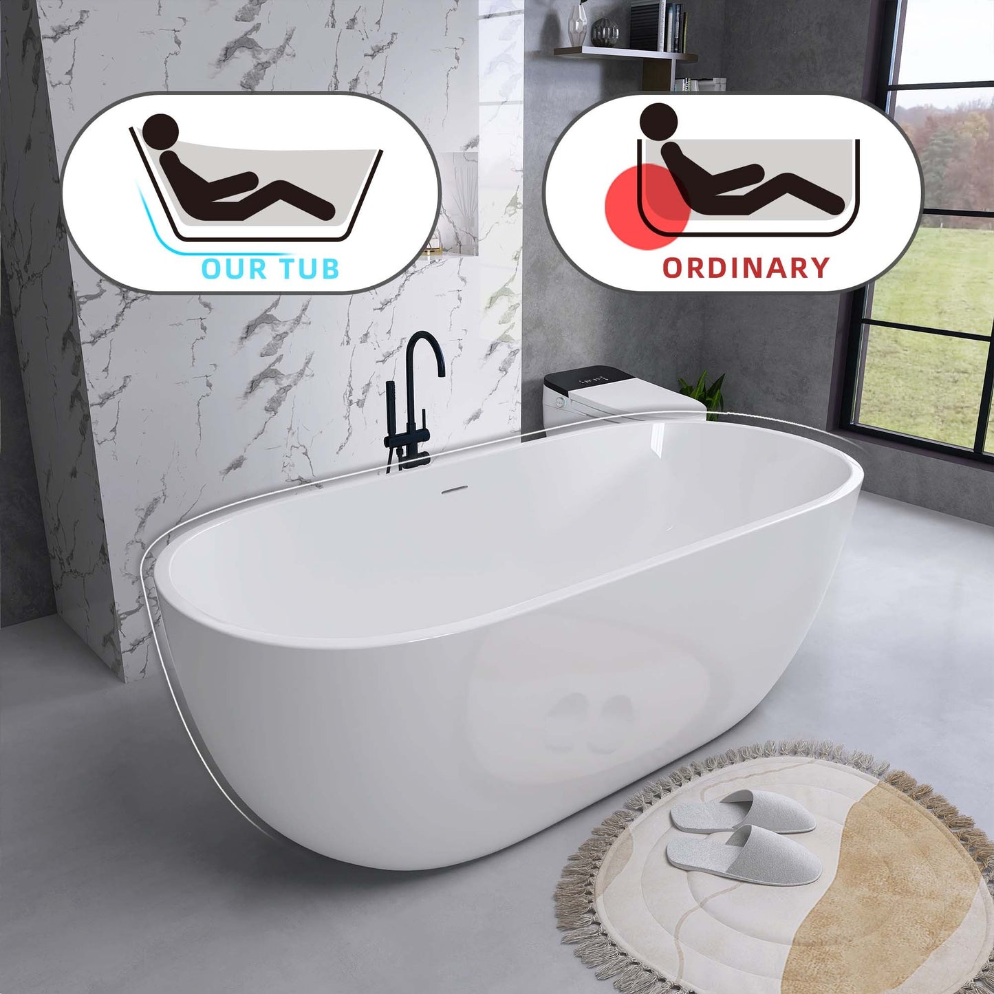 Elegant Oval Soaking Tub – Freestanding Comfort with Chrome Drain