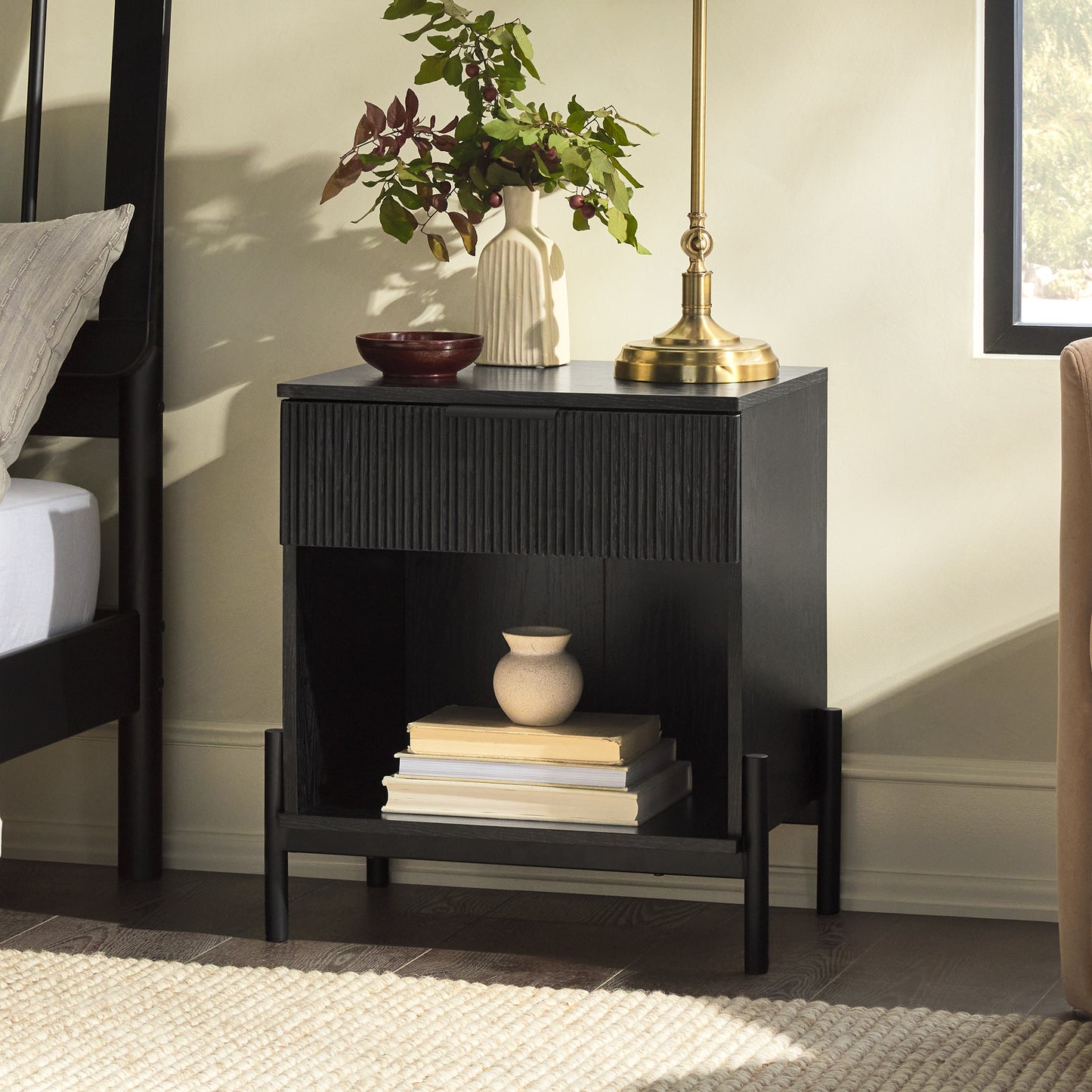 Chic Black Fluted Nightstand with Open Cubby