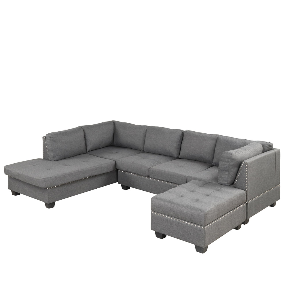 Cozy Gray Reversible Sectional Sofa with Storage Ottoman