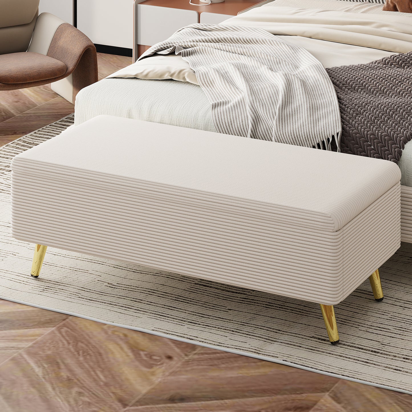 Chic Storage Ottoman with Metal Legs - Beige Corduroy Comfort