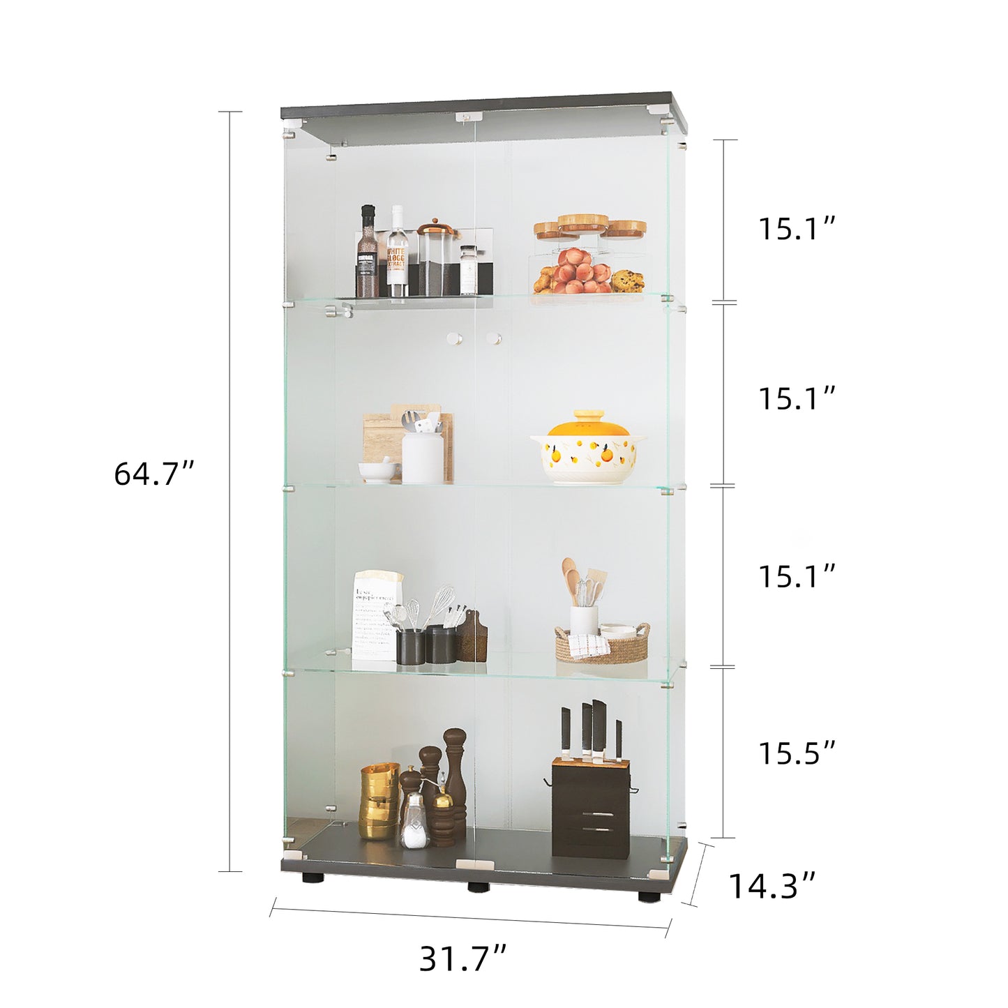 Stylish Black Glass Display Cabinet with 4 Shelves