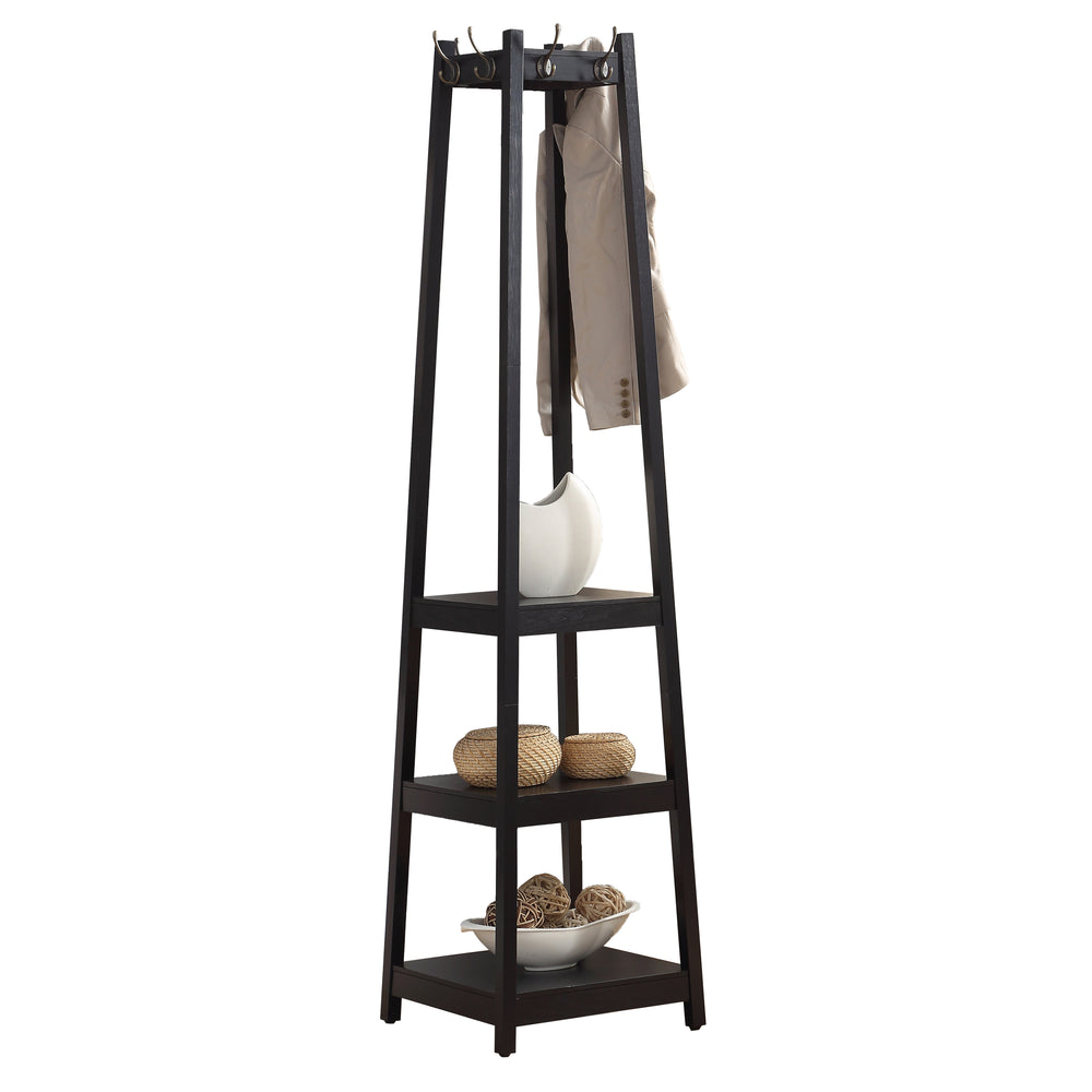 Sleek Black Coat Rack with Storage Shelves