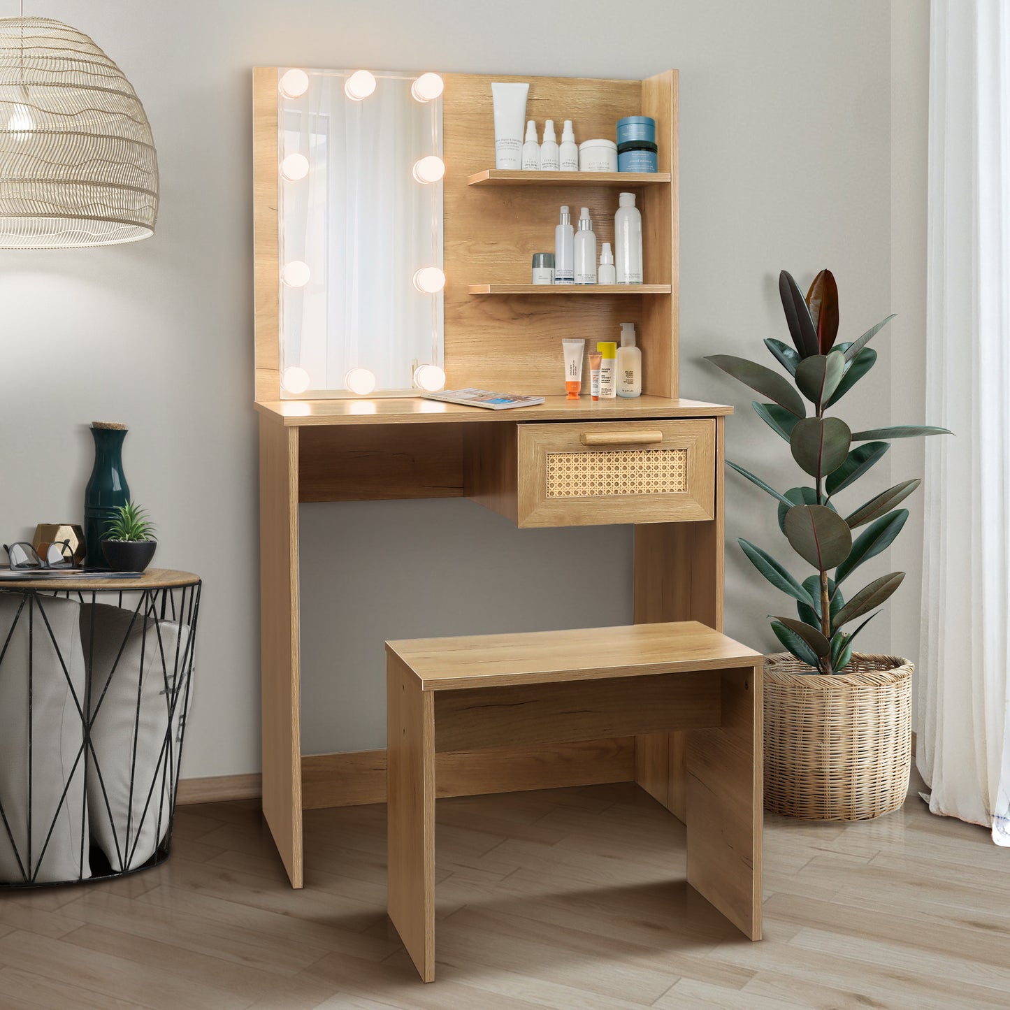 Radiant Vanity Set with Stool and LED Mirror