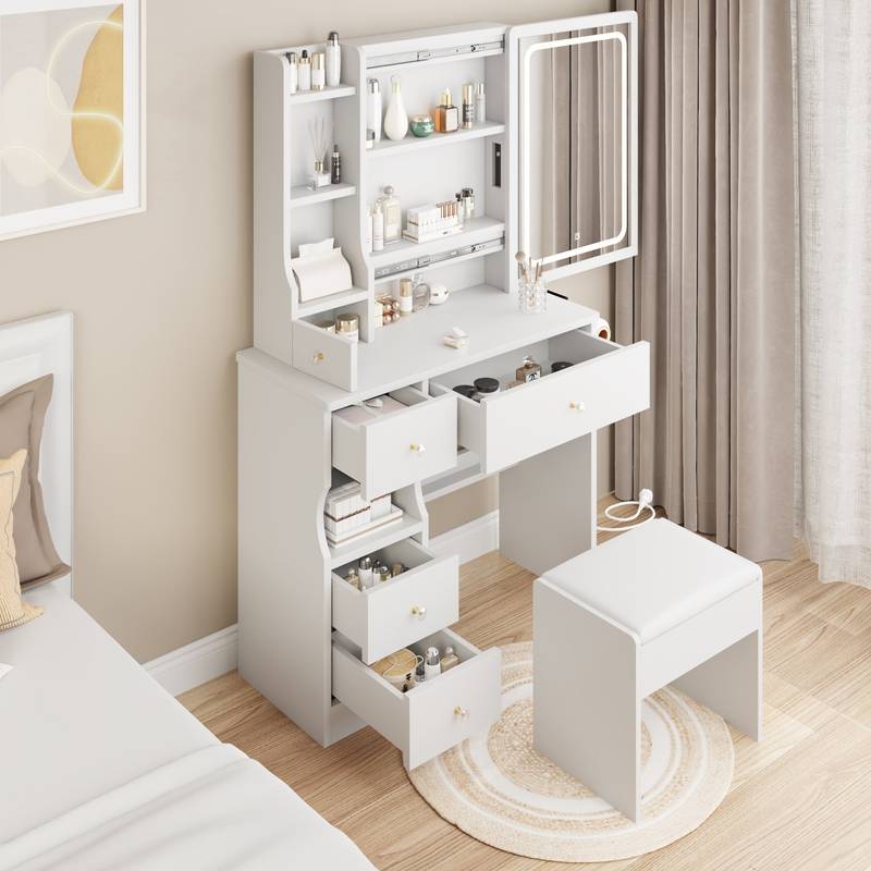 Chic Space-Saver Vanity Set with LED Mirror & Power Hub