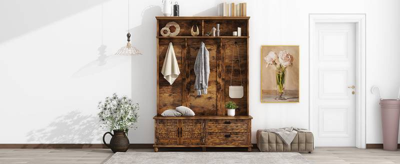 Rustic Charm Hall Tree with Storage and Hooks