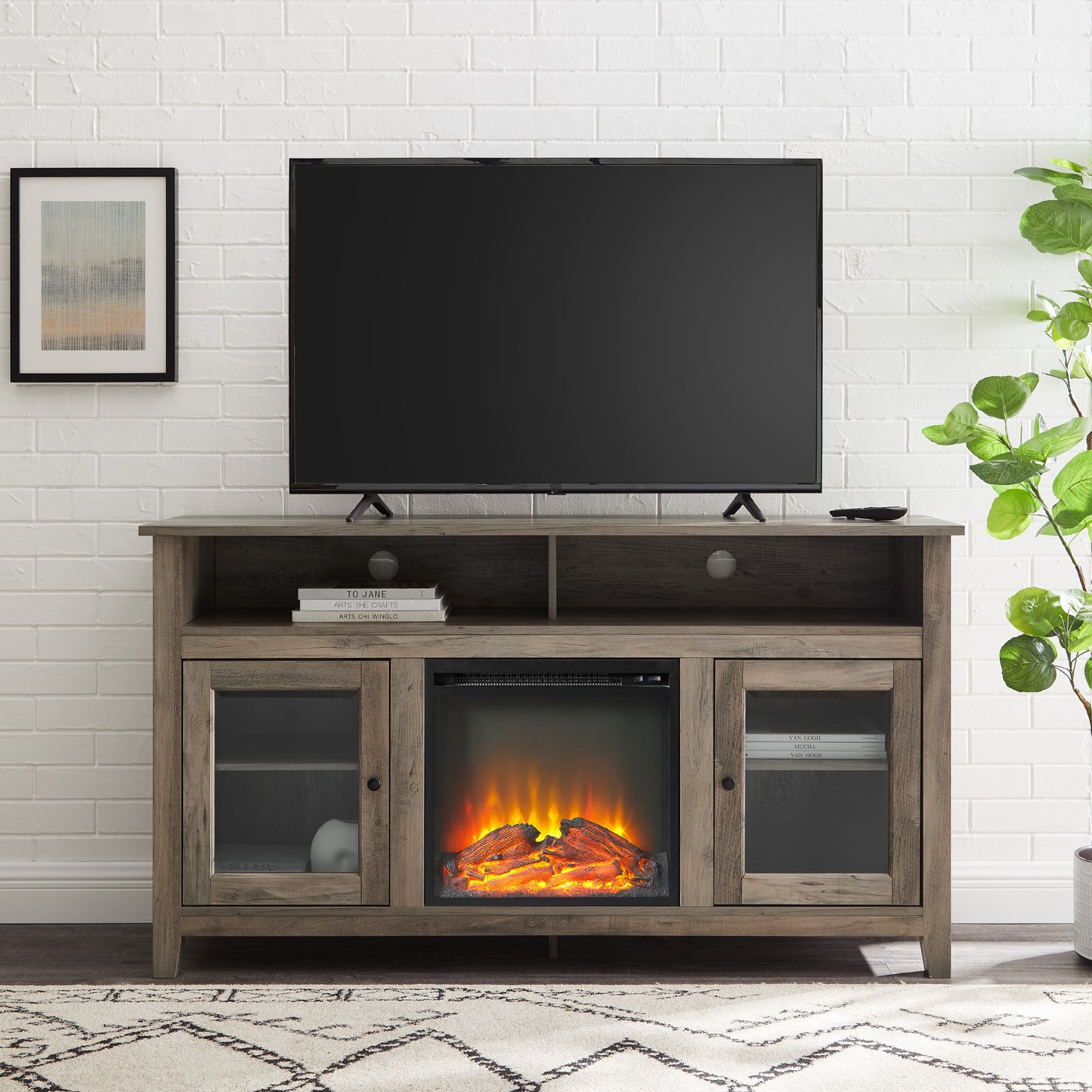 Cozy Grey Wash Electric Fireplace with TV Stand