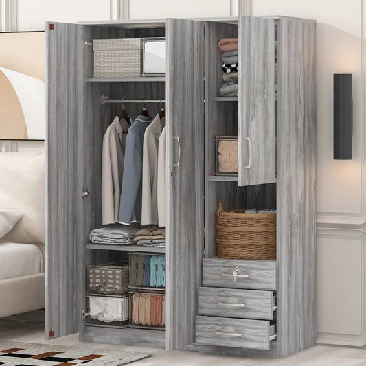 Modern Gray Wooden Wardrobe with Shelves & Drawers