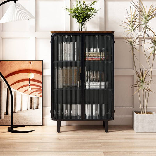 Chic Glass Door Cabinet with Three-Tier Storage
