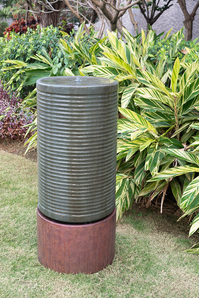 Rustic Green Cylinder Fountain & Bird Bath