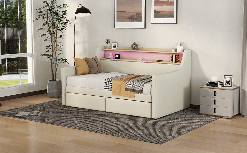 Cozy Beige Daybed with Storage & LED Lights