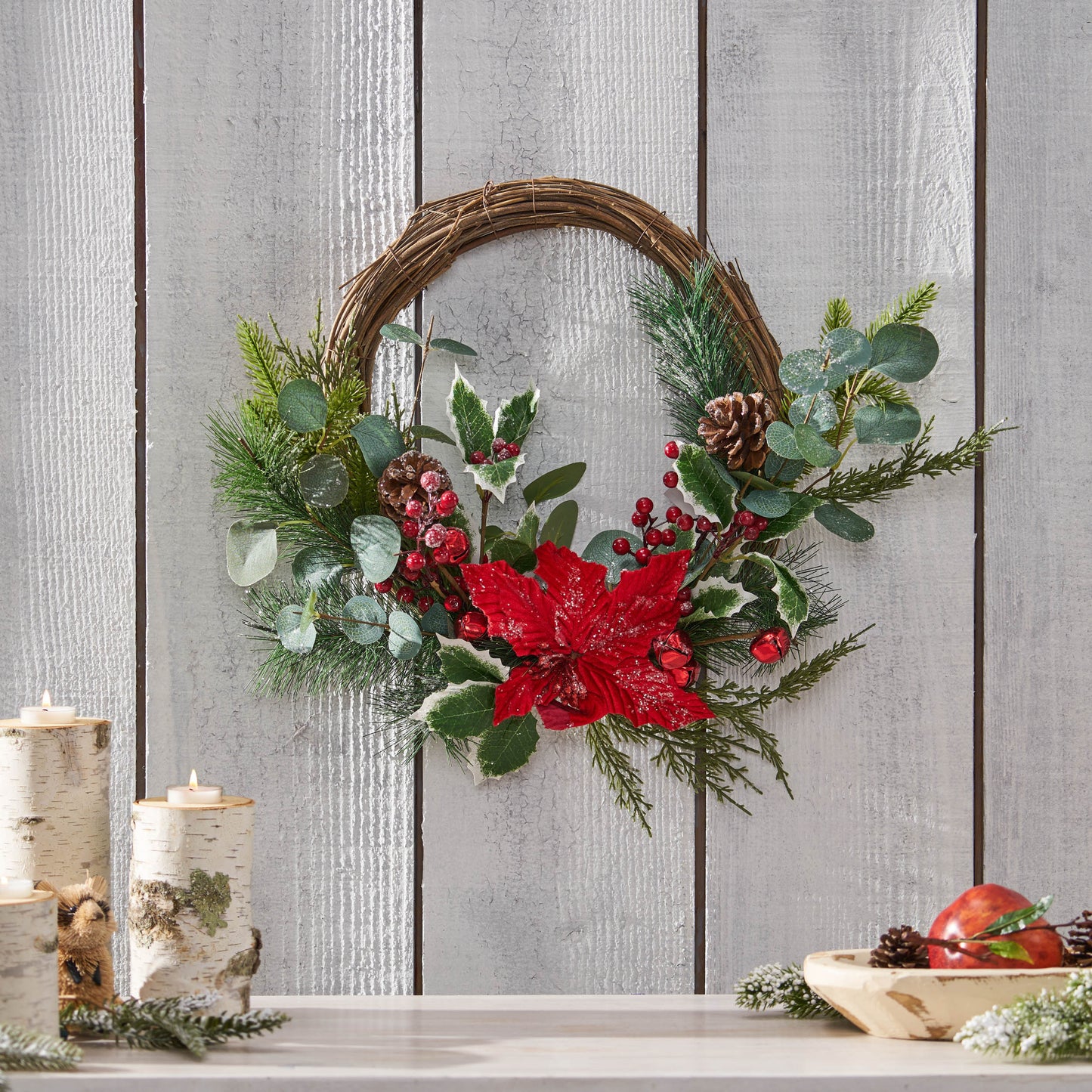 Festive Poinsettia & Eucalyptus Half Wreath