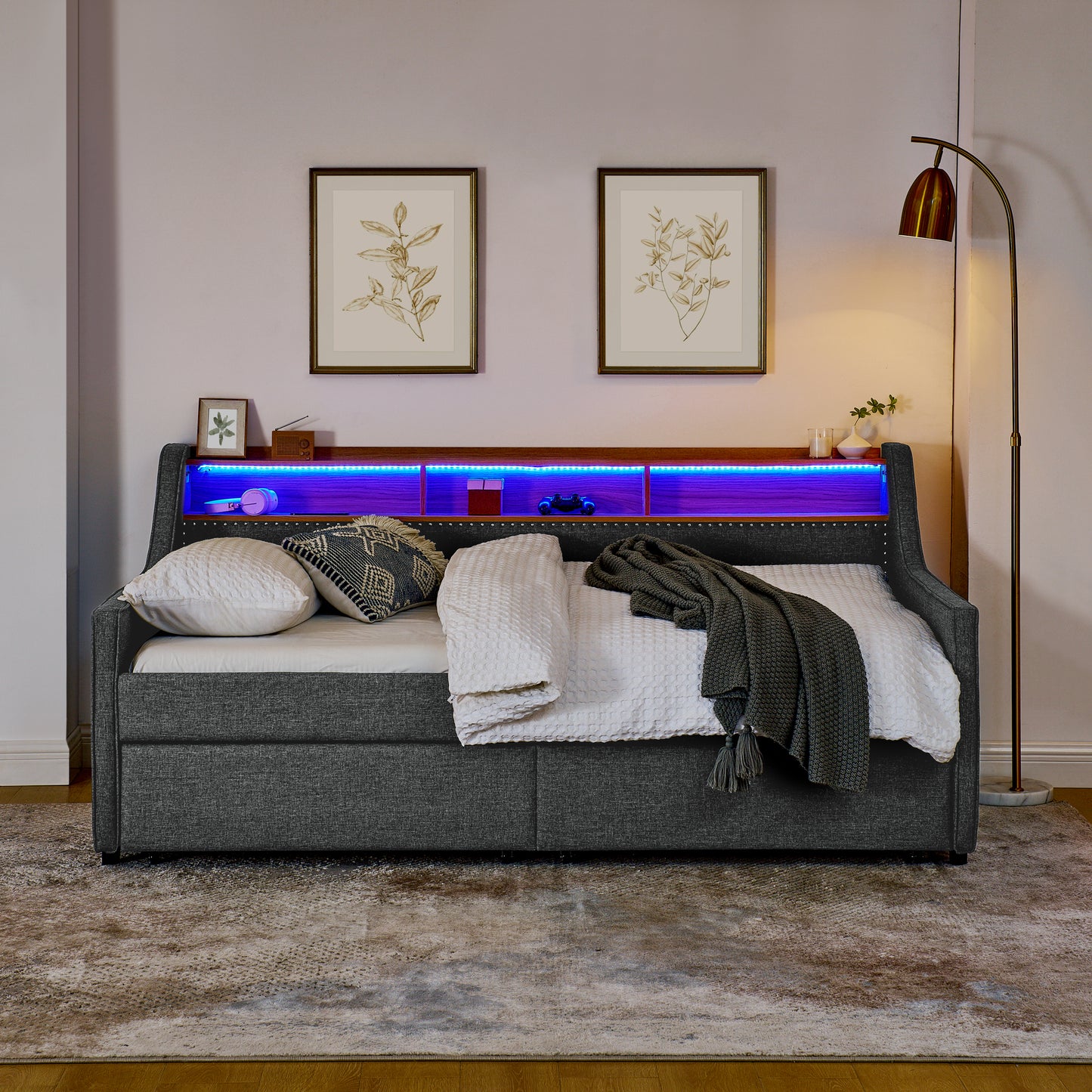 Cozy Grey Twin Sofa Bed with LED Lights & Storage Features