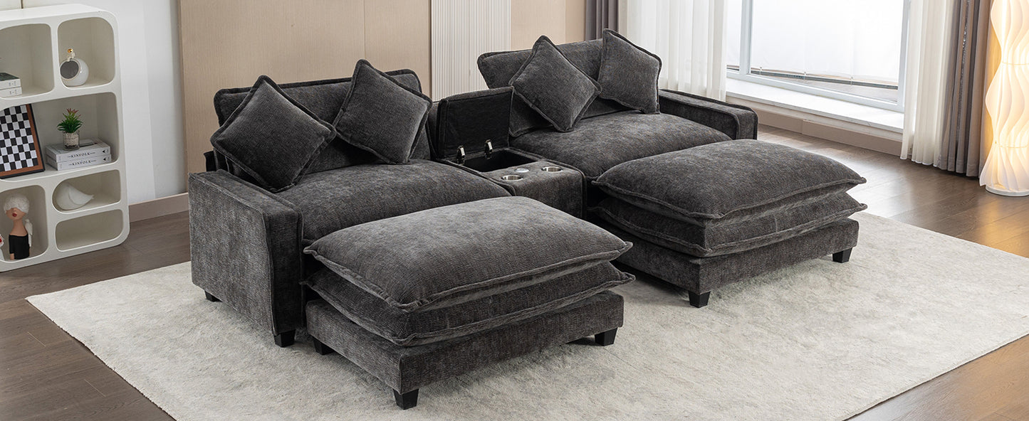 Cozy Black Chenille Sectional Sofa with Ottomans and USB Ports