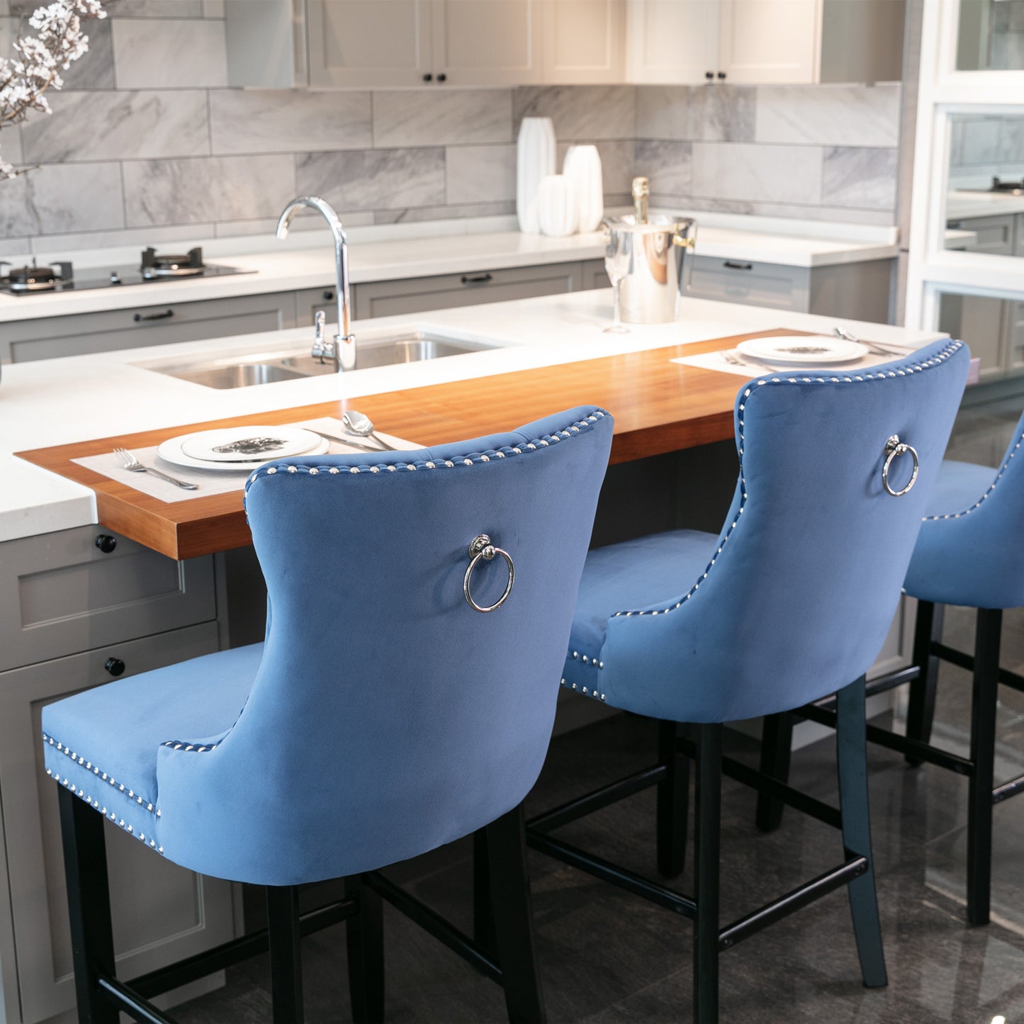 Chic Velvet Barstools with Button Tufting - Set of Two (Blue)