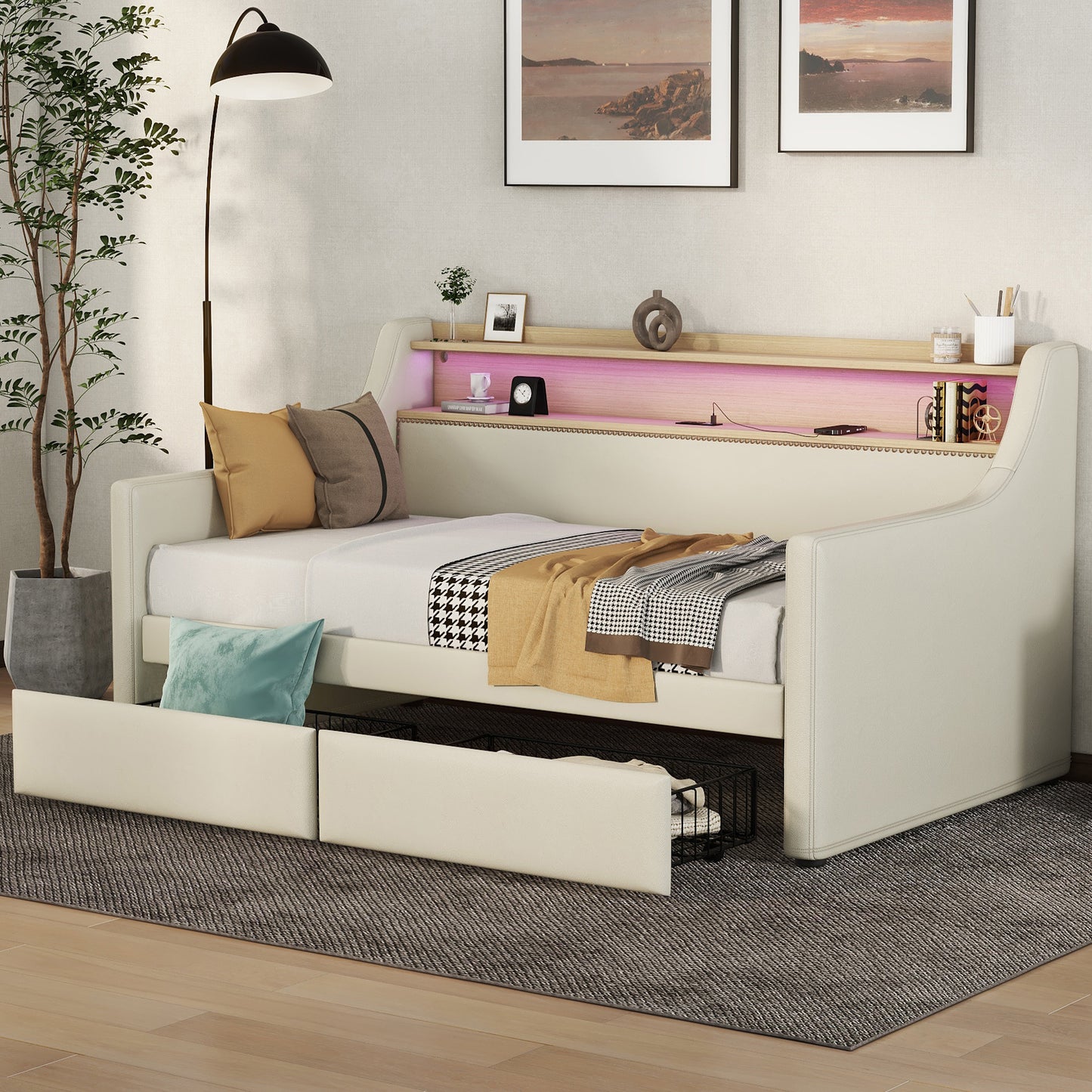 Cozy Beige Daybed with Storage & LED Lights