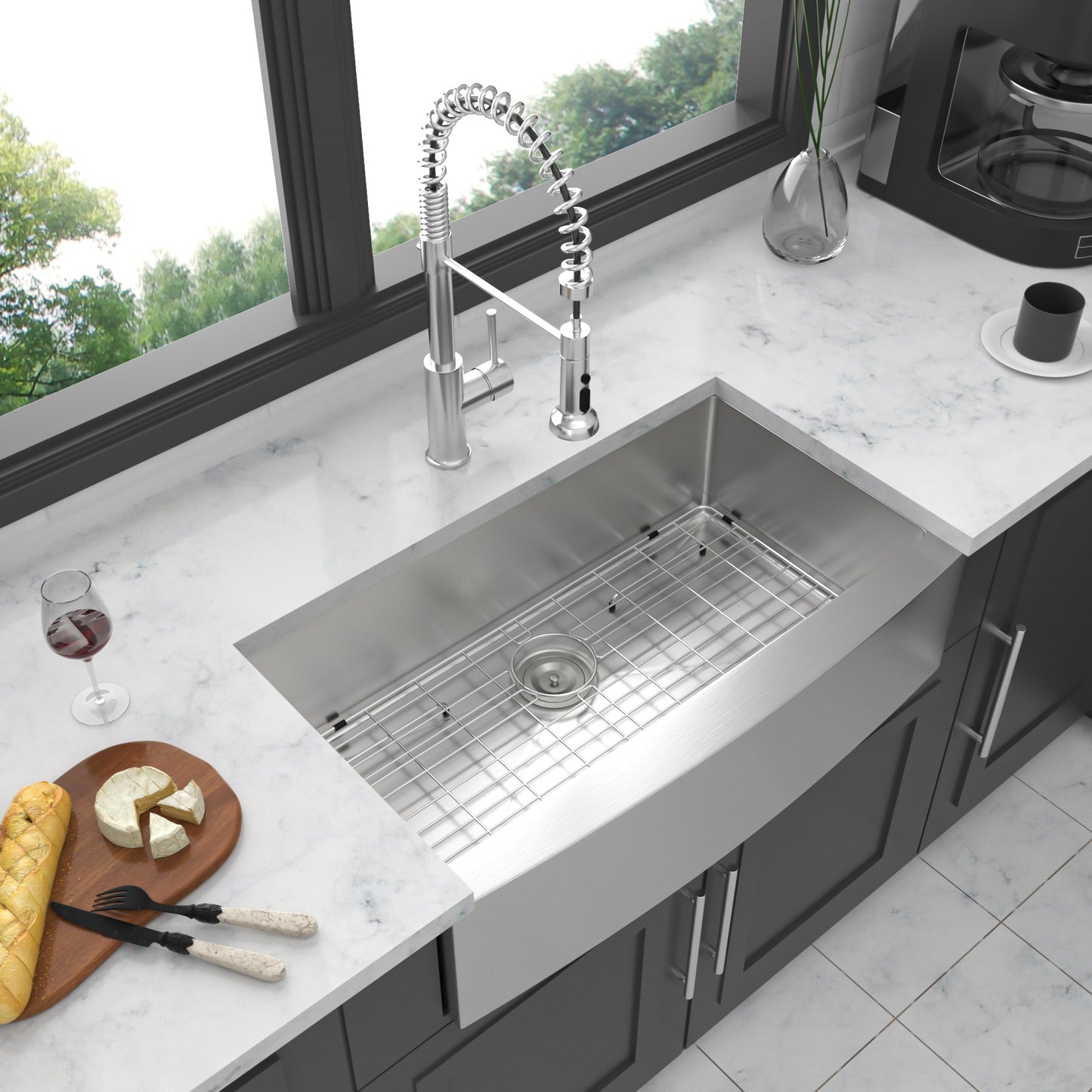 Charming Brushed Nickel Farmhouse Sink