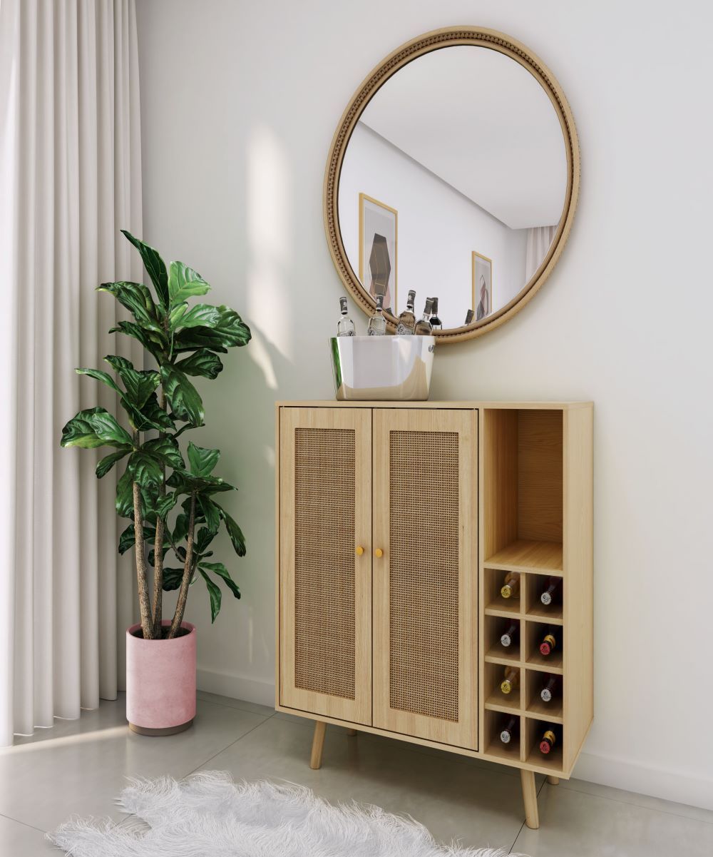 Chic Boho Bar Cabinet with Rattan Doors and Stylish Wine Storage