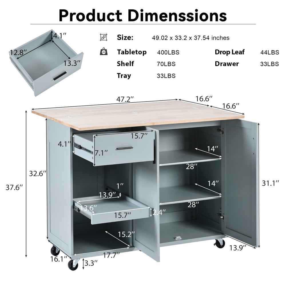 Rolling Kitchen Island with Foldable Top and Storage