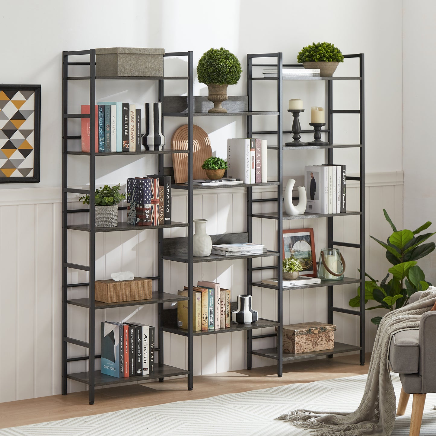 Retro Industrial Triple Shelf Bookshelf in Dark Grey