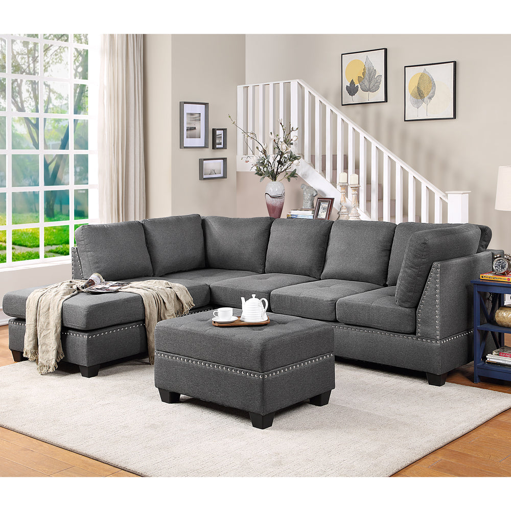 Cozy Gray Reversible Sectional Sofa with Storage Ottoman