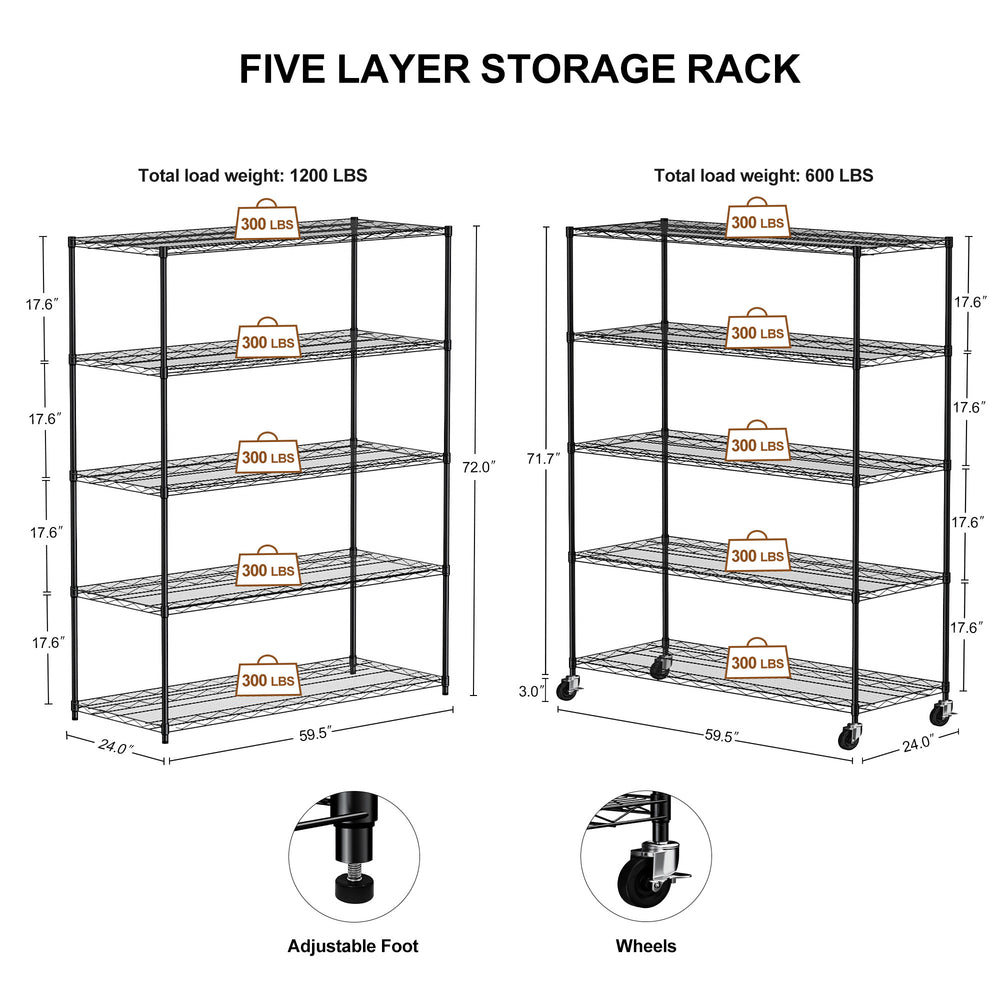 Sturdy Rolling Shelves - Heavy-Duty 5-Layer Organizer with Adjustable Feet