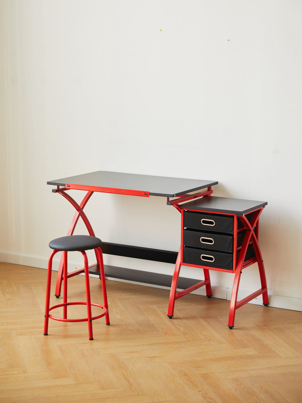 Chic Red Drafting Table Set with Stool