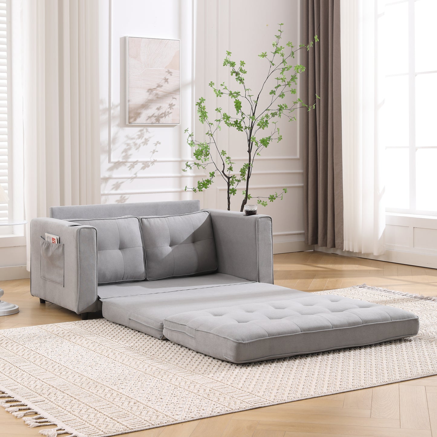 Cozy Convertible Futon Sofa Bed – Light Gray Loveseat with Side Pockets & Cup Holder