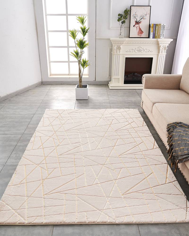 Chic Beige Geometric Faux Fur Rug