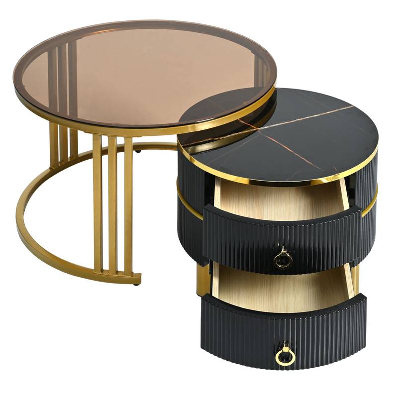 Chic Nesting Coffee Tables with Drawers - Sleek Round Design in Black and Brown Glass