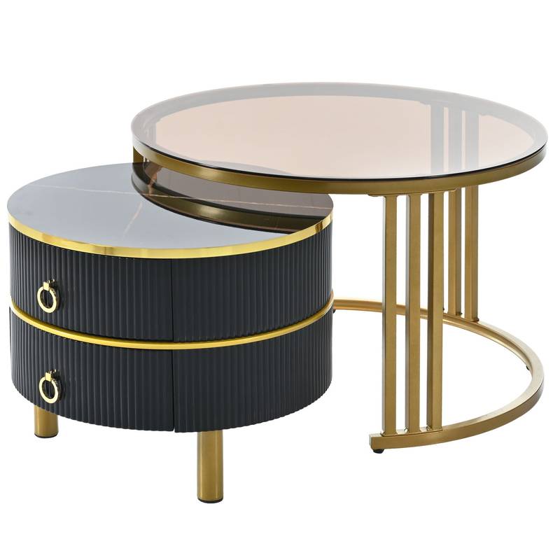 Chic Nesting Coffee Tables with Drawers - Sleek Round Design in Black and Brown Glass