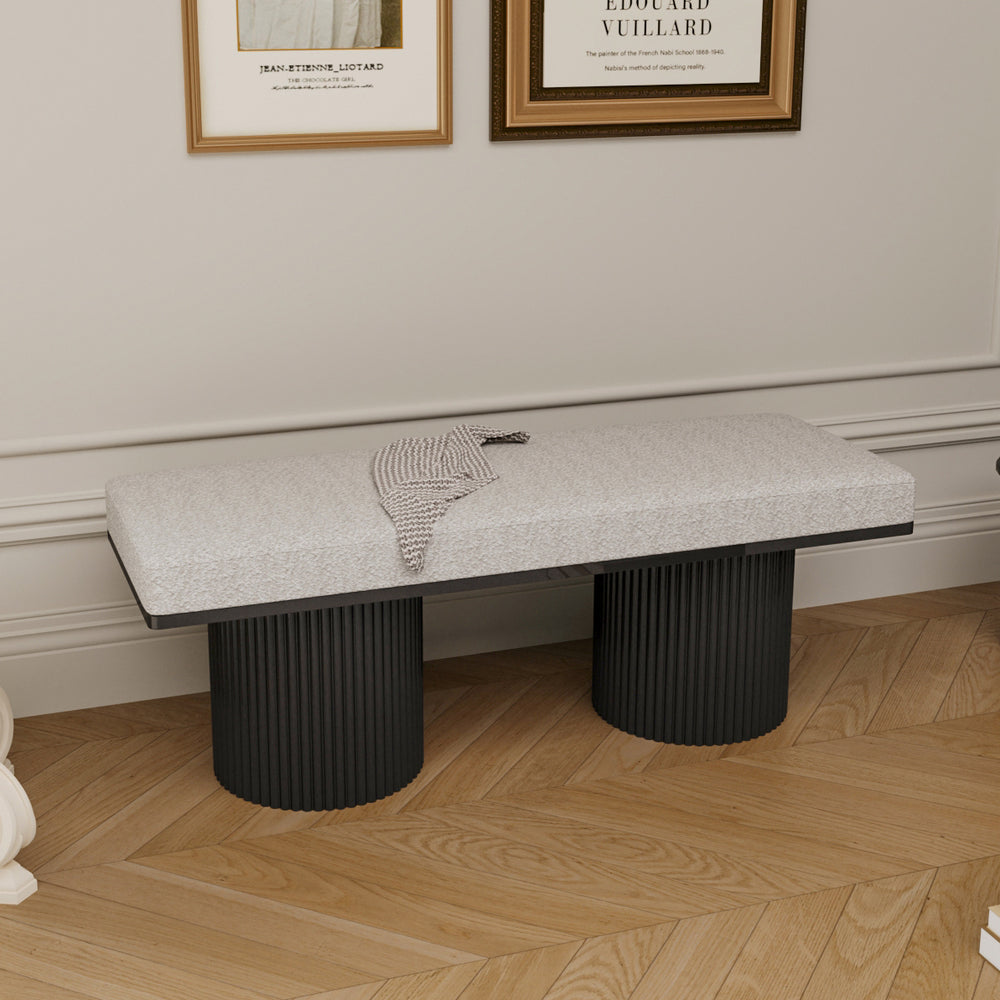 Cozy Grey Boucle Bench with Bold Black Legs