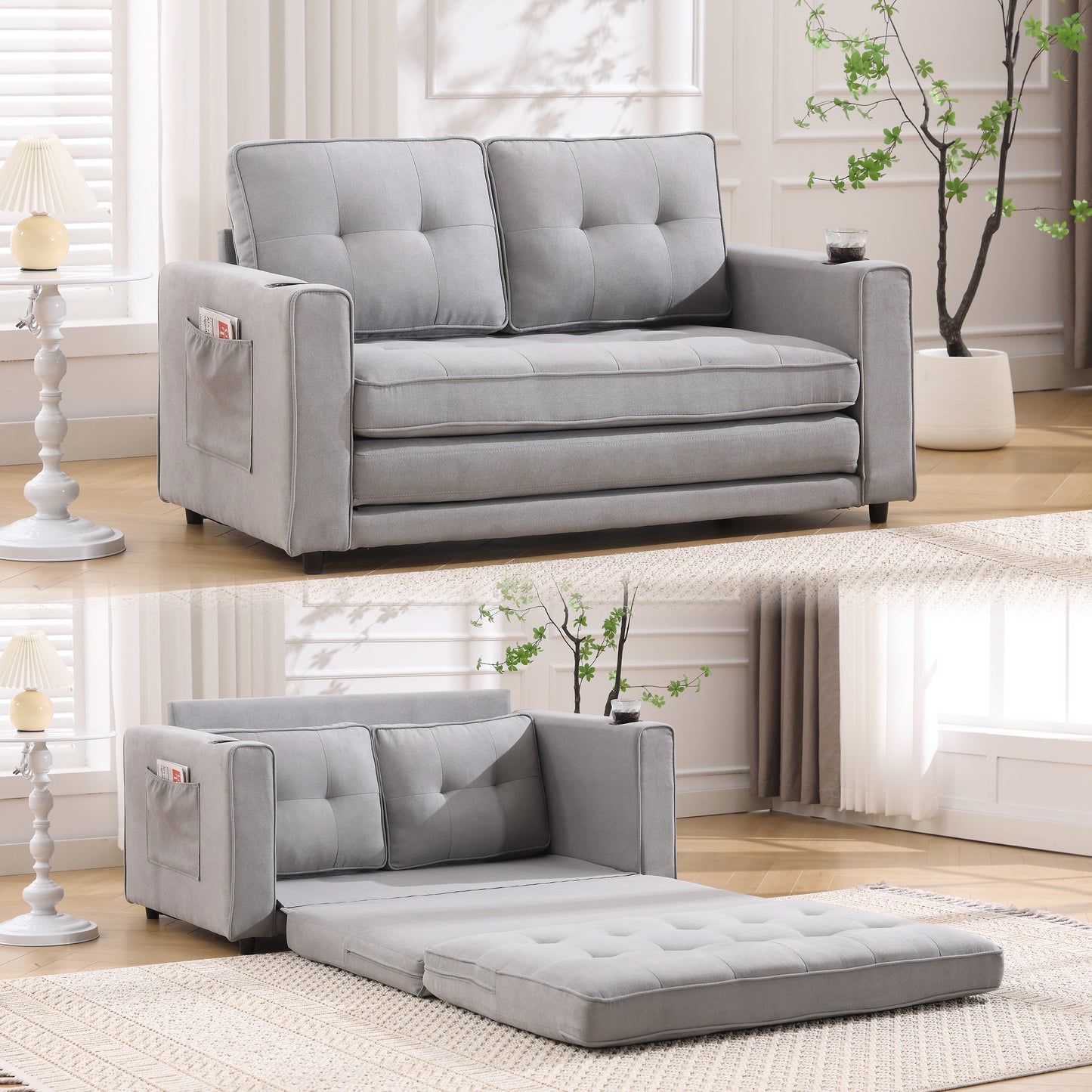 Cozy Convertible Futon Sofa Bed – Light Gray Loveseat with Side Pockets & Cup Holder