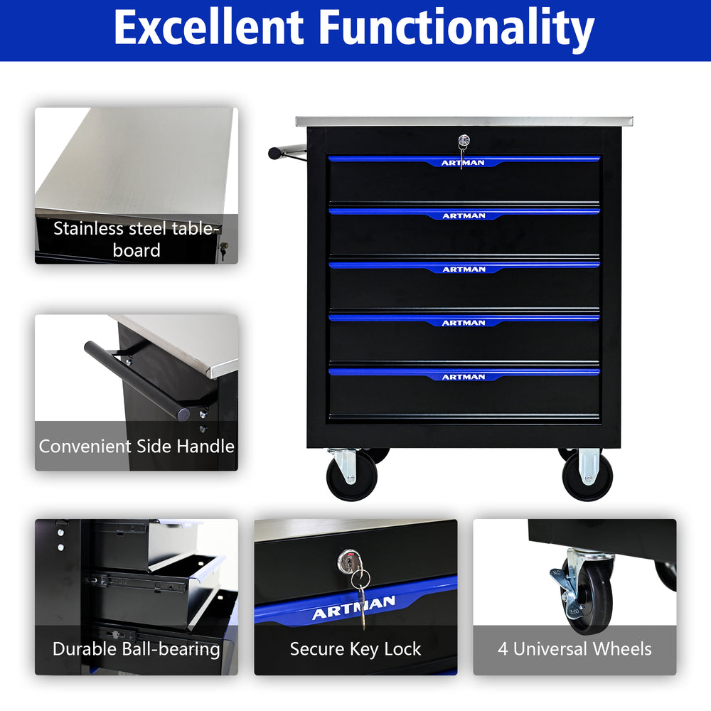 Rolling Tool Cart with 5 Drawers - Black & Blue