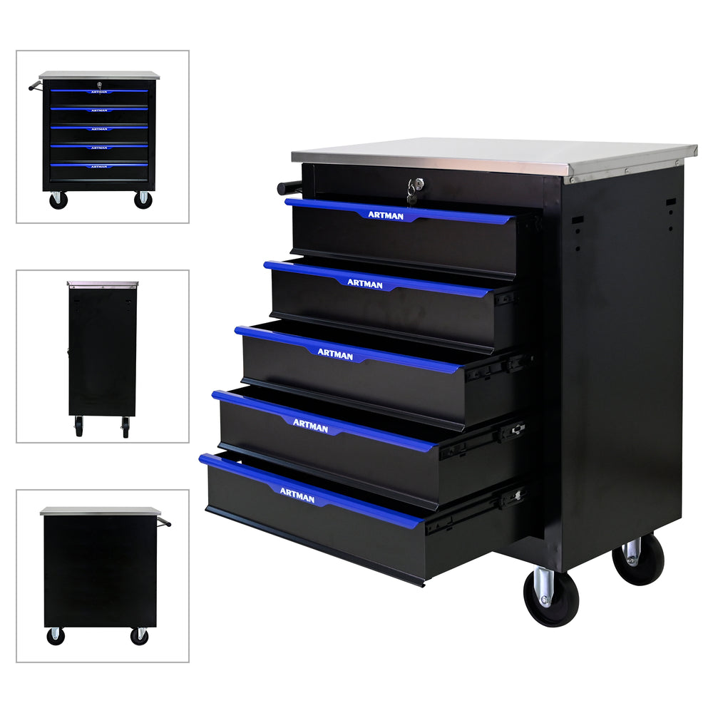 Rolling Tool Cart with 5 Drawers - Black & Blue