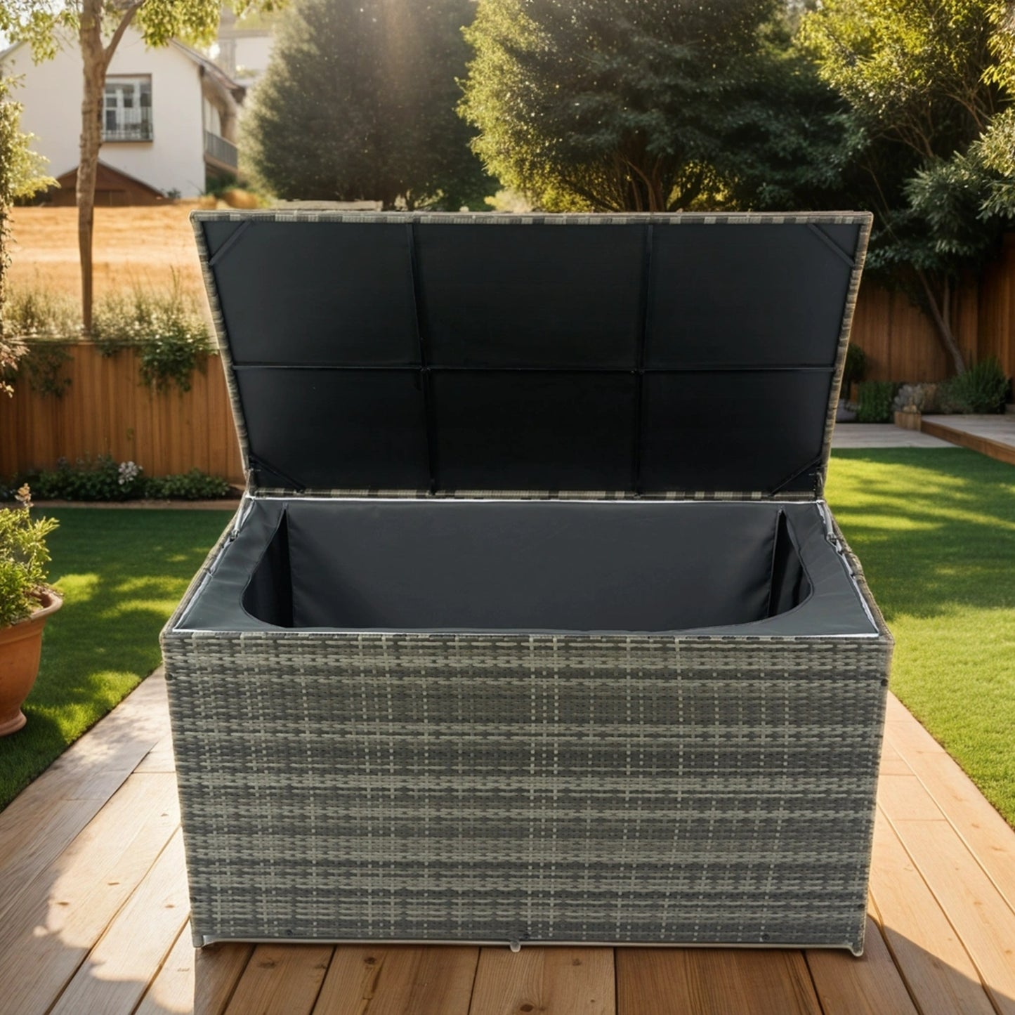 Wicker Patio Storage Box - Stylish Outdoor Organizer for Cushions, Toys, and More!