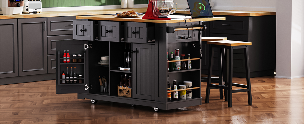 Multi-Functional Rolling Kitchen Island with Drop Leaf & Storage