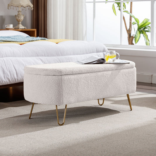 Chic Ivory Storage Ottoman with Gold Legs