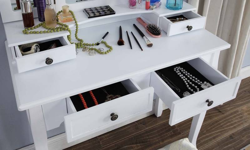 Charming White Vanity Set with Stool